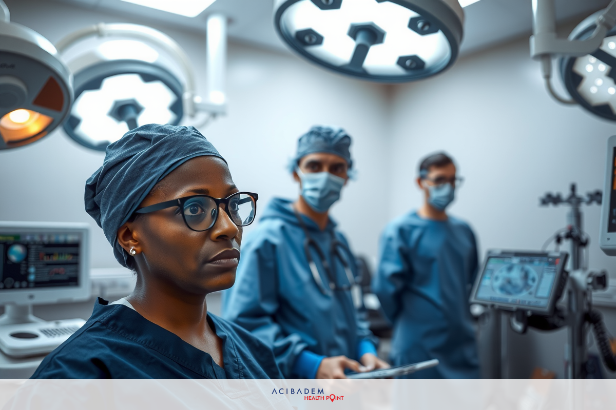The image depicts a medical setting with two medical professionals in surgical gowns and a female patient. In the foreground, a woman is looking ahead, and behind her are two men standing in a hospital setting.