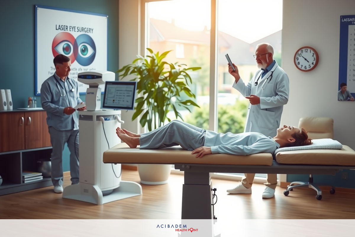 Medical professionals in a brightly lit, modern healthcare office setting with patient on examination bed.