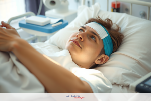 The image shows a person lying in a hospital bed, wearing a medical headband. The individual appears to be undergoing some form of treatment or recovery in the hospital environment.