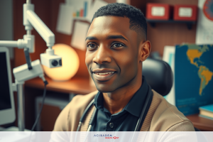 The image portrays a medical professional, possibly a doctor or nurse, in an office setting. He is seated at a desk with various office equipment and documents around him.