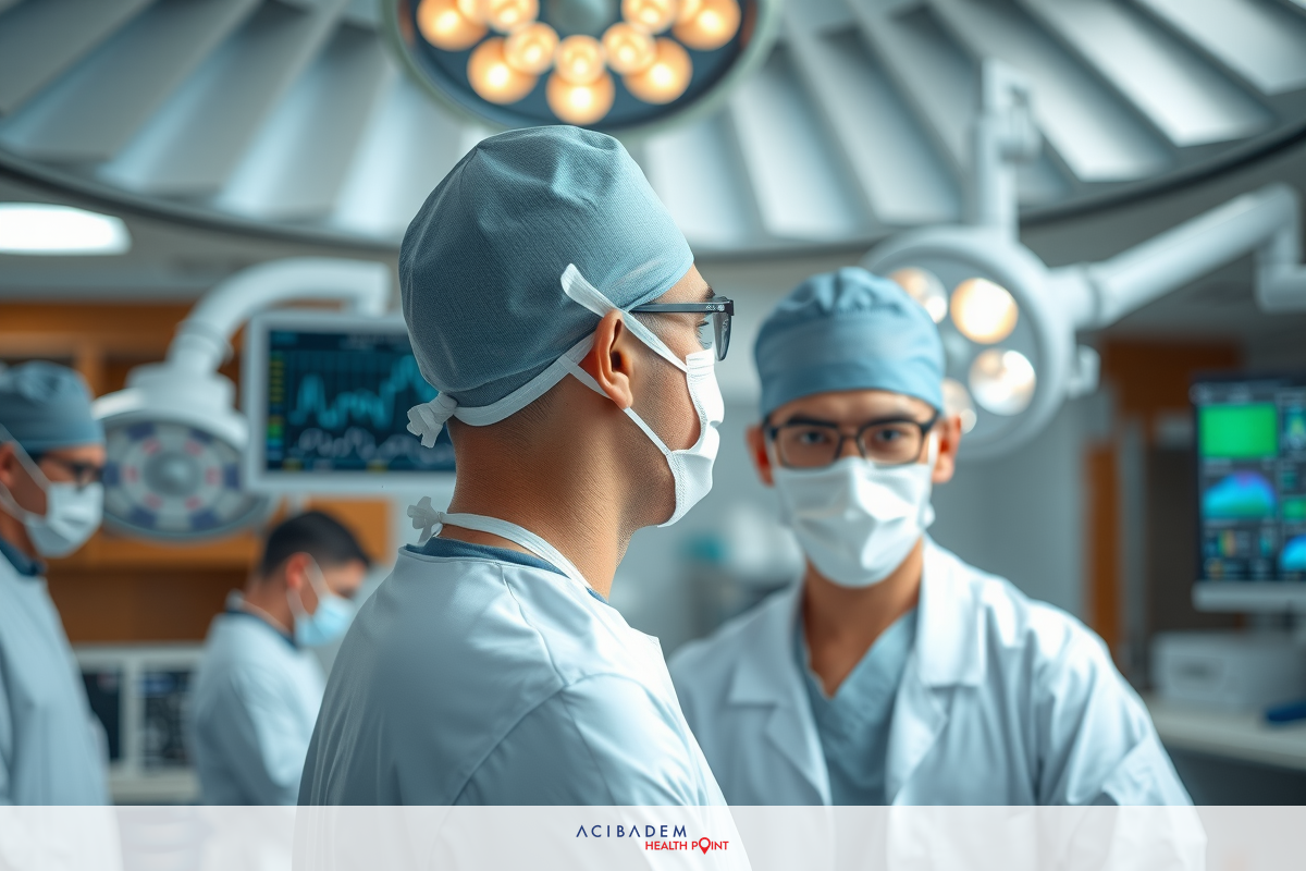 This image captures a surgical team in an operating room. There are multiple surgeons wearing surgical attire, including gowns, caps, and face masks to maintain sterility.