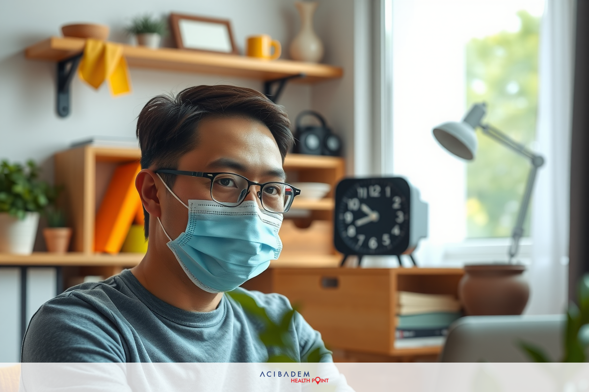 A man wearing a mask while sitting at a desk. The environment suggests a home office setting with shelving and potted plants around.