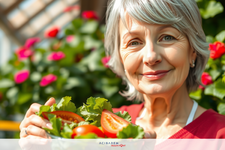 A woman holding a bowl of fresh tomatoes and arugula, smiling at the camera.
