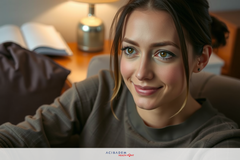Young woman sitting on a sofa with a book nearby, smiling towards the camera. She has brown hair, gold earrings and is wearing brown clothing.
