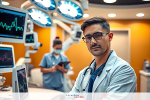 The image features a modern, well-equipped operating room with advanced medical equipment. Two doctors are present; one stands by the patient's side while the other is using a mobile device. The focus of the image is on the first doctor who is wearing a white lab coat and is looking at the camera.