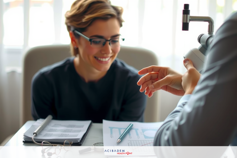 In the image, a young woman is sitting at a desk with a man standing next to her. The woman appears to be smiling while engaging in conversation with the man. The setting seems professional, possibly an office environment.