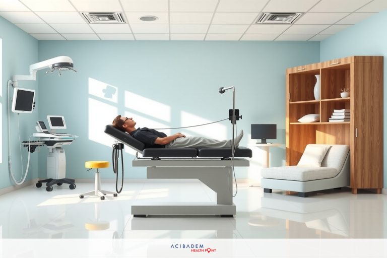 What Is Laser Eye Surgery for Glaucoma? The image shows a modern, well-equipped medical examination room. The focal point is the patient lying on an examination bed with various medical devices and equipment nearby, including a monitor, a lamp, and other diagnostic tools. The environment suggests a professional, clean, and organized space designed for patient care.