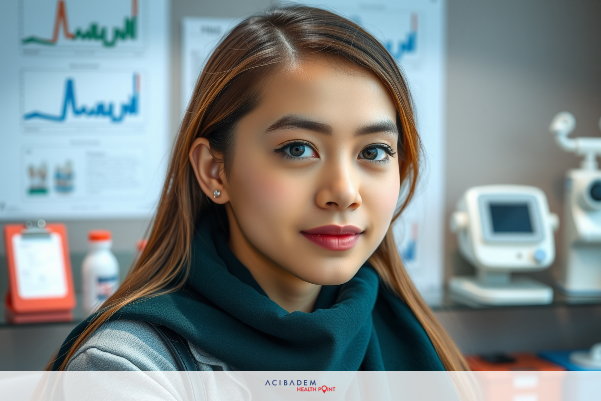 A young woman sitting at a desk, looking towards the camera. She has long hair and is wearing a black scarf. The room appears to be a lab setting with various equipment and graphs in the background.