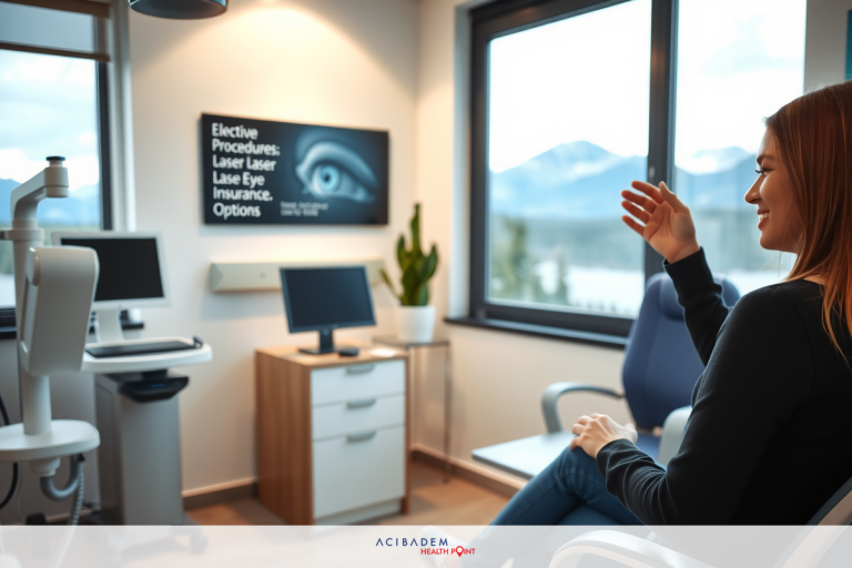 How Much for Laser Eye Surgery Canada In the image, there is a woman seated in a modern, well-lit optometrist's office. The room has clean lines and contemporary design elements that suggest a focus on both functionality and patient comfort.
