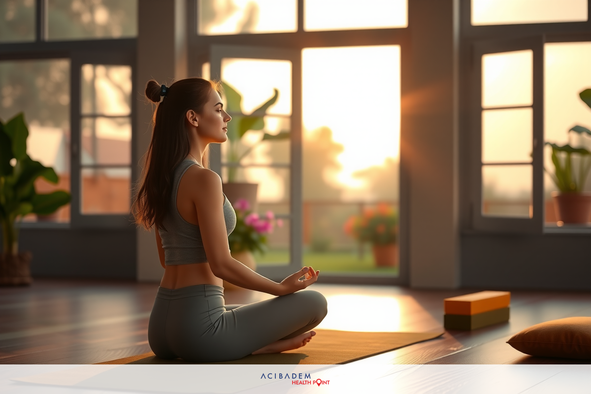 A woman is practicing yoga in a sunlit room, wearing athletic attire. The environment has large windows, letting the sunlight stream in and illuminate the scene.