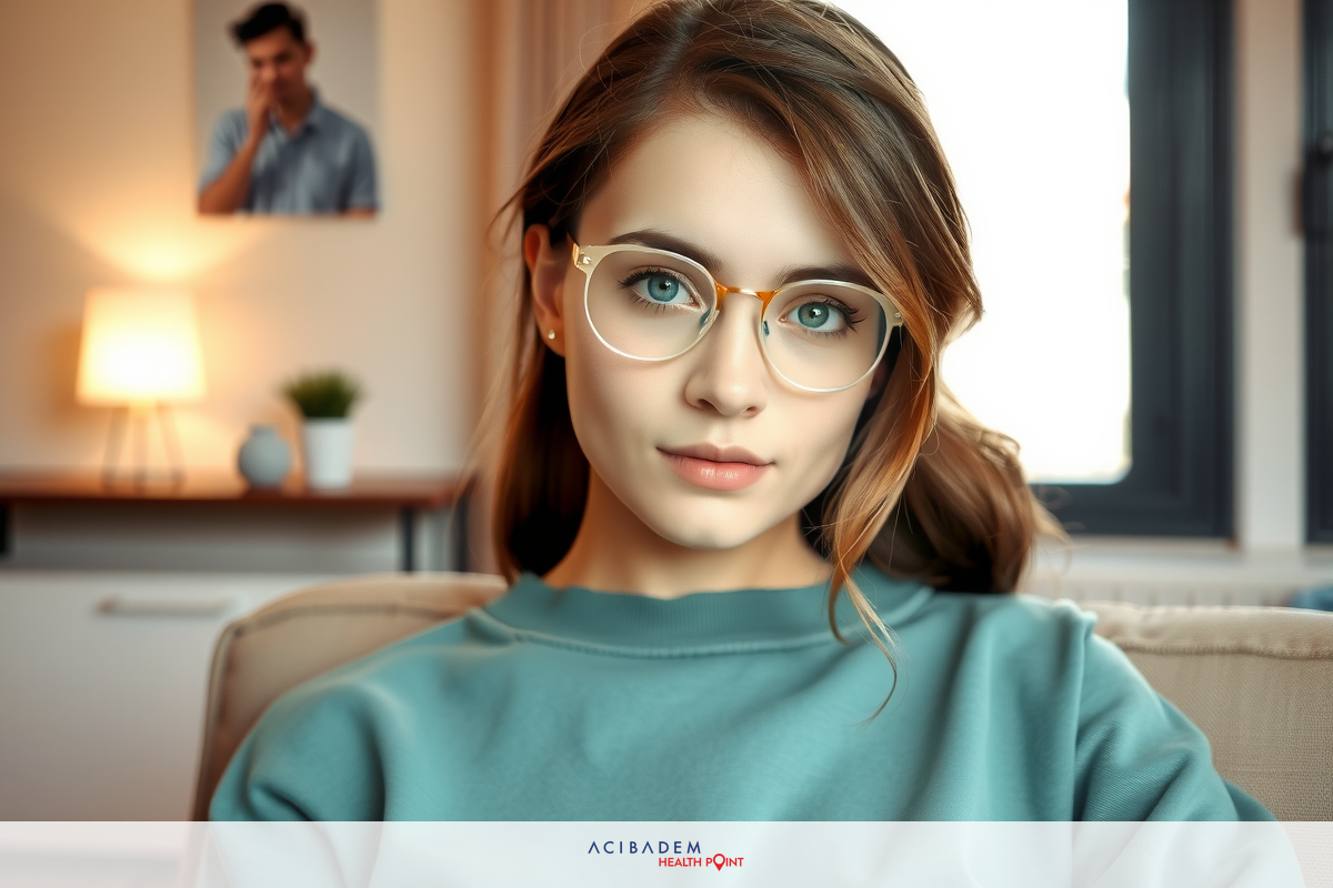 A young woman with glasses is seated on a couch, looking directly at the camera. She has light hair and is wearing casual attire including a emerald sweater. The room has a modern.