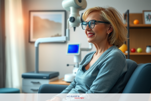 The image features a middle-aged woman seated in an office chair. She is wearing glasses and smiling . The room has modern decor with a desk lamp on the left side of the frame indicates a workspace environment.