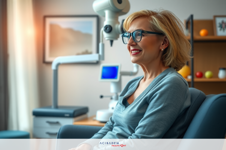 Does Laser Eye Surgery Correct Long and Short Sightedness? The image features a middle-aged woman seated in an office chair. She is wearing glasses and smiling . The room has modern decor with a desk lamp on the left side of the frame indicates a workspace environment.