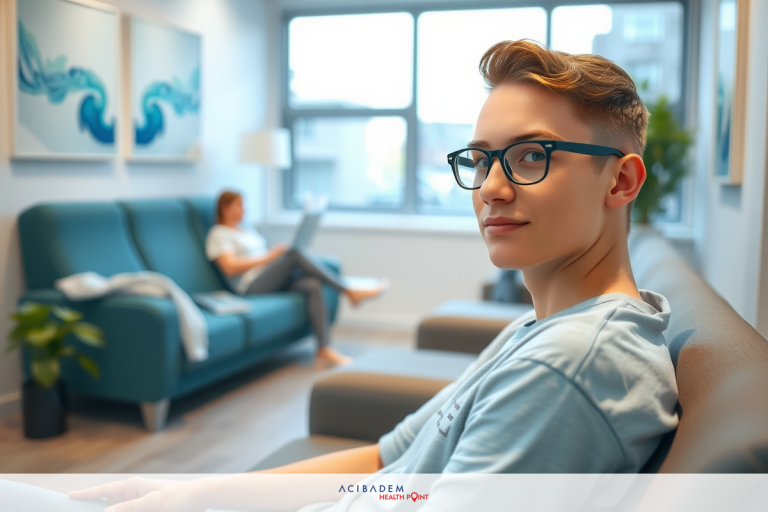 What Age Can I Get LASIK Eye Surgery The image shows a modern interior space with a person and another individual in the background. The central figure appears to be seated comfortably on a couch, wearing glasses. The room has contemporary furniture and artwork.