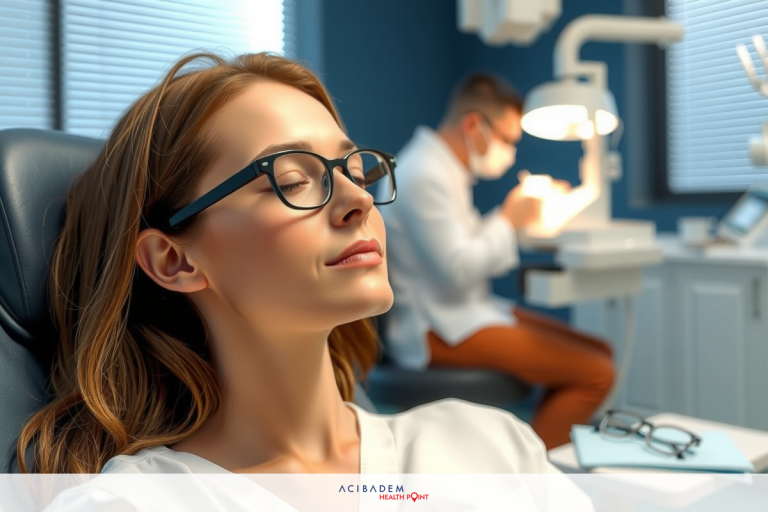 Can LASIK Eye Surgery Fix Farsightedness? The image shows a medical office scene with a woman sitting in the chair and a doctor examining her. The woman is relaxed with her eyes closed.