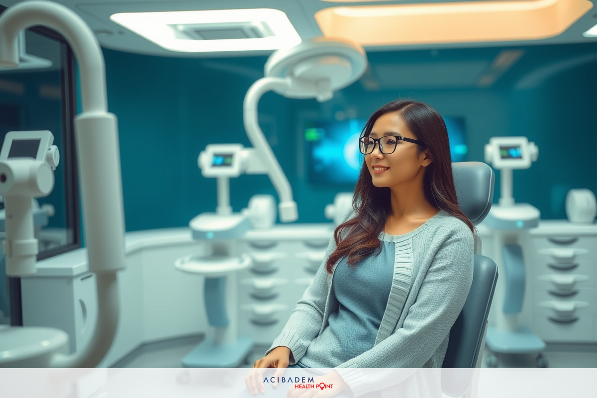 This image depicts the interior of an eye clinic office equipped with modern equipment. A woman is seated in an eye exam chair, smiling at the camera. She appears to be awaiting treatment, or perhaps just finished a checkup. The room has a blue light theme, and the walls are lined with various medical instruments and digital screens.