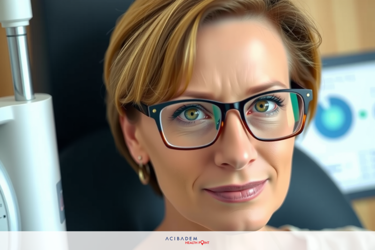 The image depicts a woman with short hair, wearing glasses and a professional attire, seated in what appears to be an office environment. She is looking slightly away from the camera with a focused expression on her face.