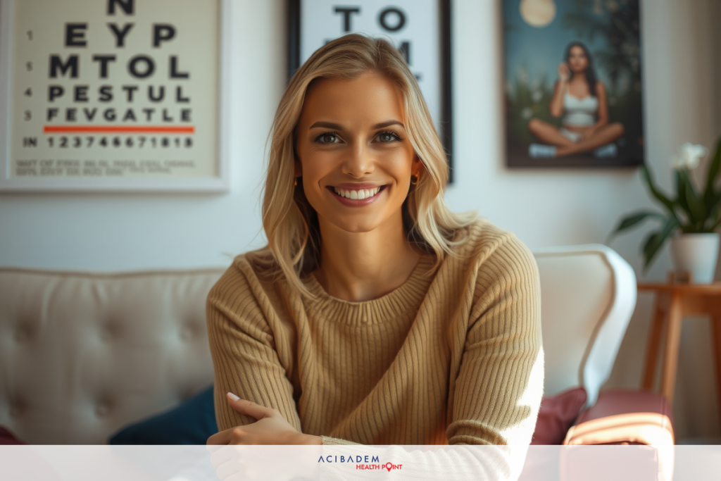 Can I Drive the Day After Laser Eye Surgery Woman smiling at camera. She is sitting on a couch indoors, wearing beige sweater and earrings, with a wall of posters behind her.