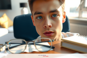 A young man with a neutral expression, wearing glasses and looking at his desk. The environment suggests an indoor setting, likely an office or study area, indicated by the presence of books, papers, and other office supplies.