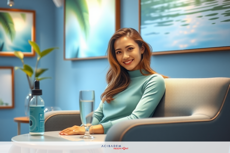 A woman is sitting in a modern room with an ocean view on the wall. She has long hair and is wearing a blue top. On the table is a glass of water and a bottle that looks like eye drops.