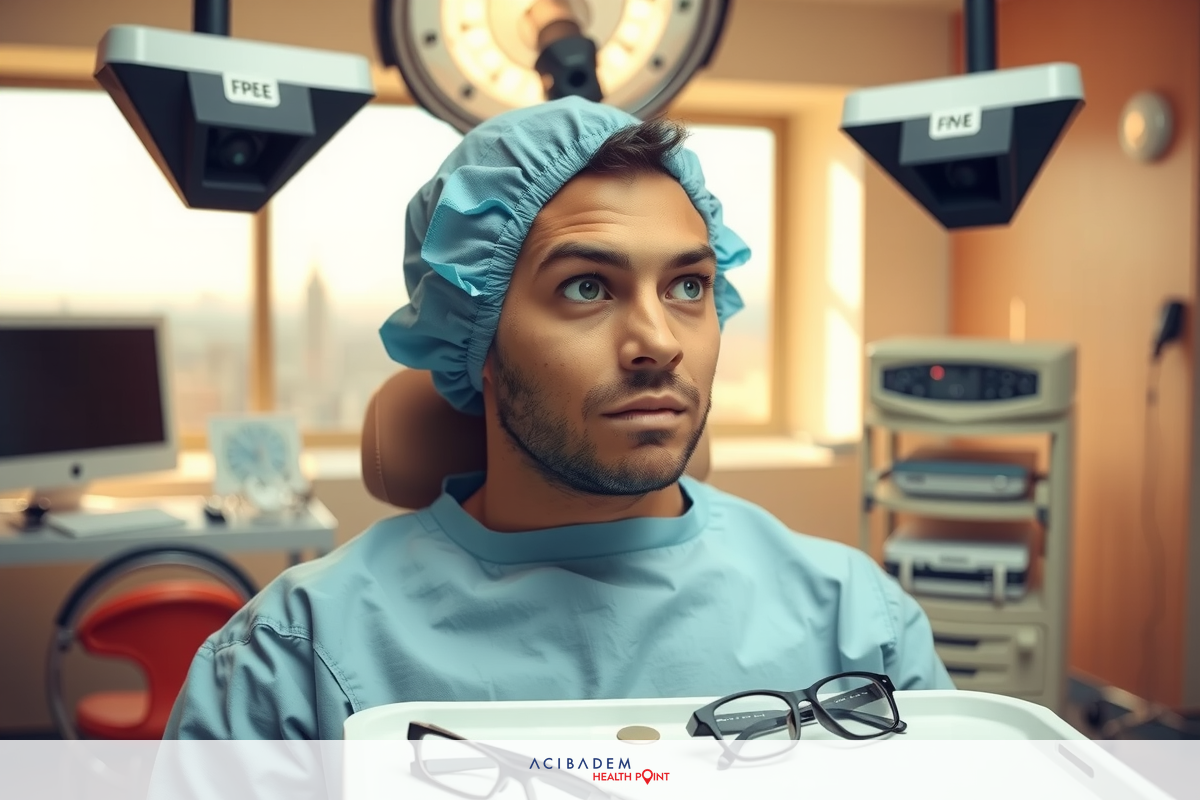 The image features a man dressed in medical scrubs, seated and wearing an operating mask. He is looking to his right with a surprised or concerned expression.