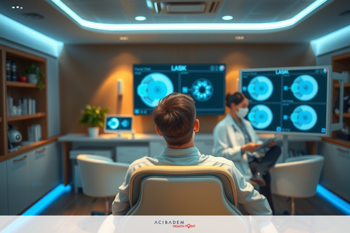 The image shows a high-tech medical or health monitoring room. In the foreground, there is an individual seated in front of multiple computer monitors displaying various images and data graphs that might be related to medical scans or diagnostic information. A man sits in a patient chair across from her. They are probably conversing after an eye examination. The setting suggests a modern, professional environment focused on healthcare analysis or management.
