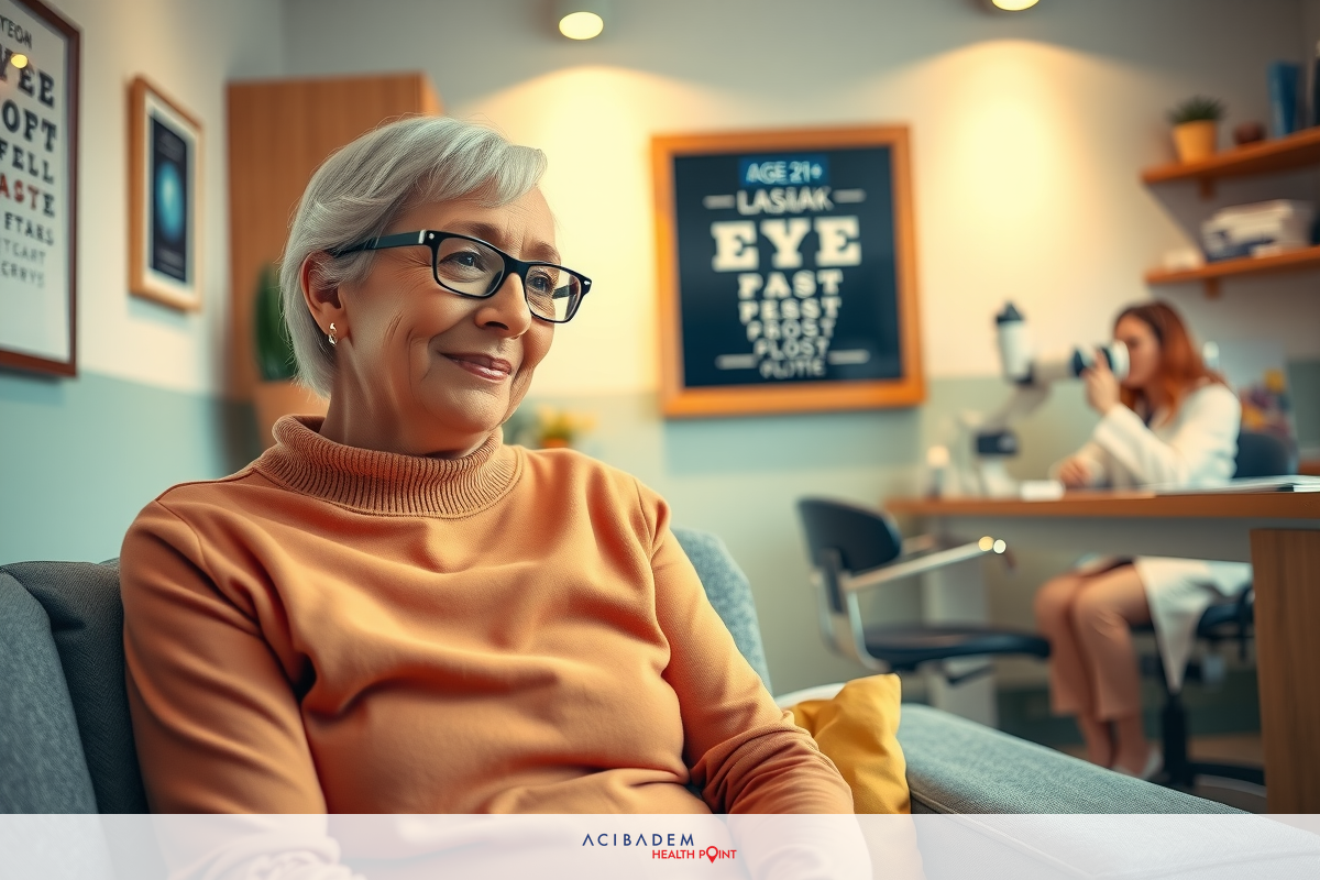 The image depicts a woman seated comfortably on a couch, possibly in a waiting area. She is dressed casually and appears to be engaged in conversation or awaiting an appointment.