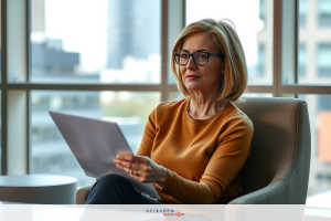 The image shows a professional woman sitting in an office environment, focused on reading papers or a tablet. She is dressed in business attire with a blouse and trousers.