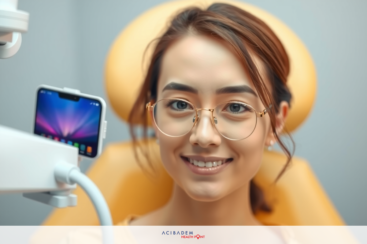 The image shows a young woman sitting in a patient chair with a headrest and looking at the camera. She is wearing glasses and smiling. The setting looks like a professional eye clinic with modern equipment.