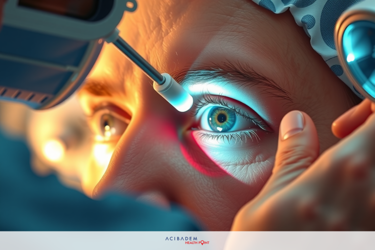 Medical staff examining patient's eye, likely a doctor using ophthalmoscope during an eye examination. The environment is clinical with bright lighting that suggests a professional setting.