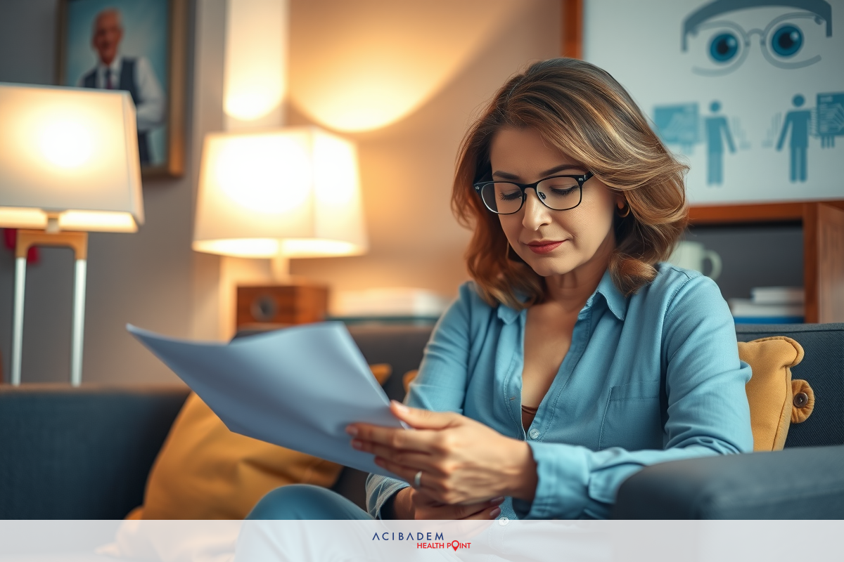 A woman in a blue business suit is seated on a couch, focused on reading a document. She is wearing glasses and appears to be in a professional or office setting with decorative elements.