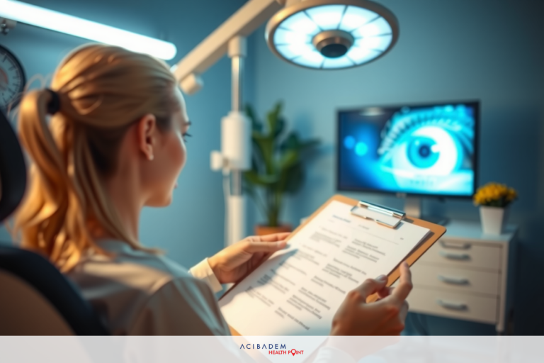 The image shows a medical professional, likely an ophthalmologist or optometrist, in their office setting. The woman is seated at a desk with a clipboard and papers, holding the clipboard, suggesting she is recording patient information or examining notes.