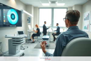 The image depicts a professional office setting with people engaged in work. There is an ophthalmologist conducting an eye examination using advanced equipment, such as an OCT machine. A patient is seated for the exam while another person is also present, likely assisting or monitoring the process.