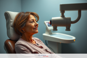 The image shows a woman sitting in an optical chair during an eye examination. The environment appears to be a clinical setting with a medical instrument, likely a slit-lamp or a similar device, positioned close to her face for an eye test.
