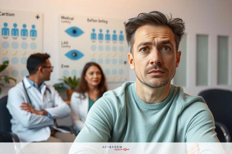 In the image, a man is sitting in front of two medical professionals who appear to be a doctor and a nurse. The man seems to be receiving some sort of medical consultation or examination.