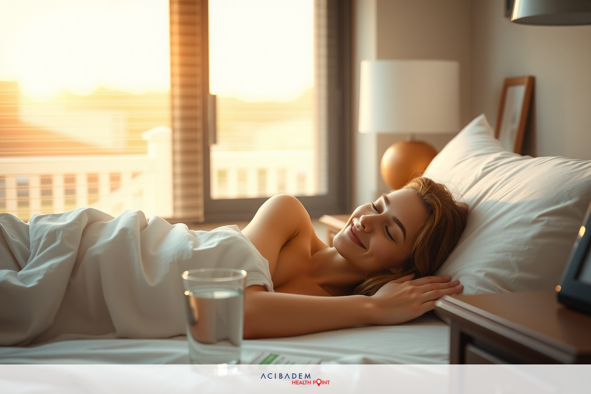 A woman is lying in bed, looking at the camera with a smile. The room is well-lit and has a window showing daylight outside.