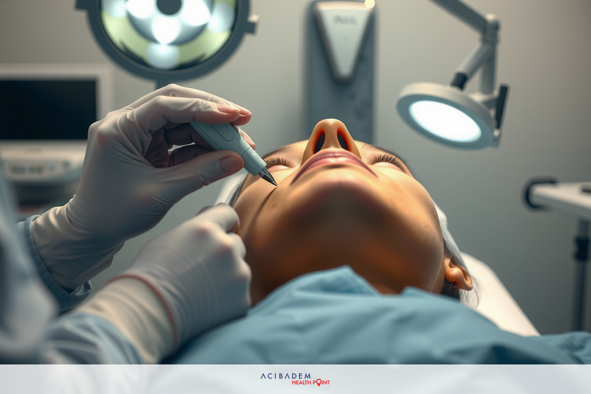 The image shows a medical or rhinoplasty procedure taking place. A person is lying down on an examination table, covered with a surgical sheet, and appears to be undergoing treatment involving a suction device.