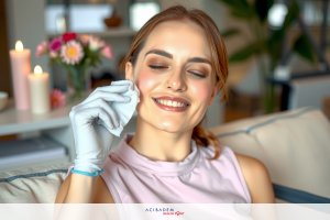 The image shows a woman sitting in what appears to be a modern living room. She is wearing a light pink top and has a smile on her face. She has gloves on and is holding a white cloth, suggesting that she is performing some sort of beauty or skincare activity. The room has soft lighting with candles visible in the background, contributing to a relaxed and comfortable atmosphere.