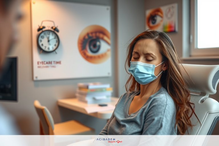 How Much Is the Laser Eye Surgery in Philippines A woman wearing a surgical mask is seated in an examination chair, likely at a medical office. She appears to be either receiving or preparing for some form of medical treatment or procedure.
