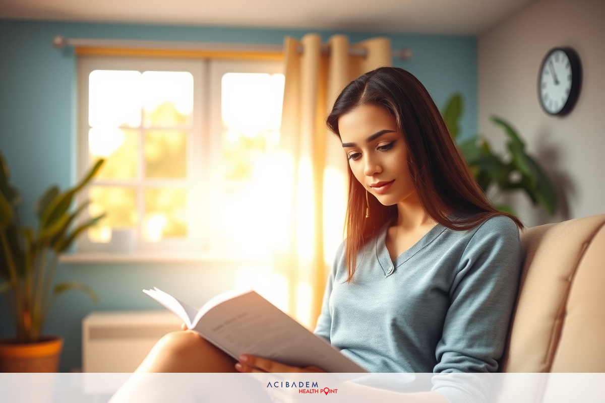 A woman in a gray sweater is seated on a couch indoors, reading from a book or folder. The environment includes curtains, a clock, and artificial lighting.