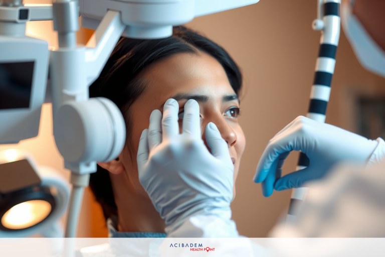 The image captures a moment in a office. The central figure is a professional wearing protective gloves, engaging with a patient.