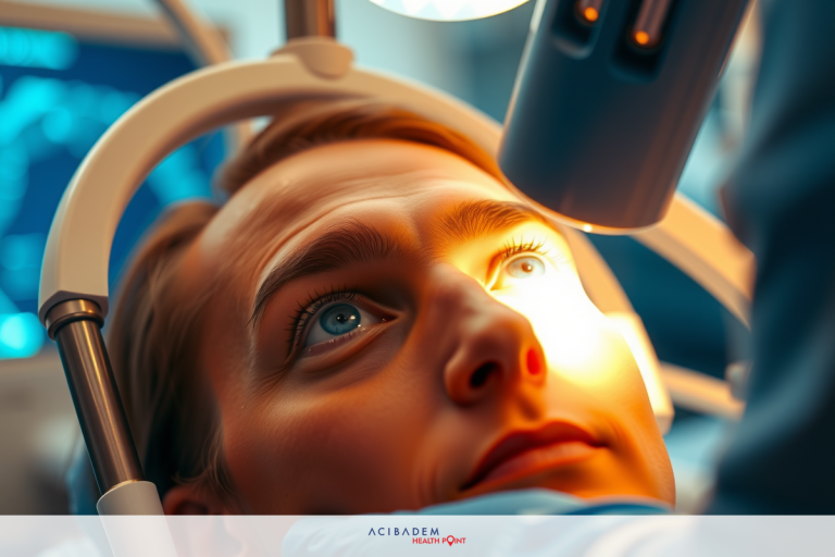 The image shows a person lying on what appears to be a medical examination table. The individual is wearing a surgical cap and has an expression of concern or discomfort.