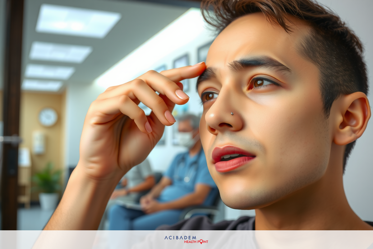 The image depicts a young man in an indoor setting, possibly a doctor's office or clinic. He is dressed casually and appears to be in the middle of a consultation or medical examination. The man has his hand on his head, possibly indicating discomfort or confusion about some information he has just received.