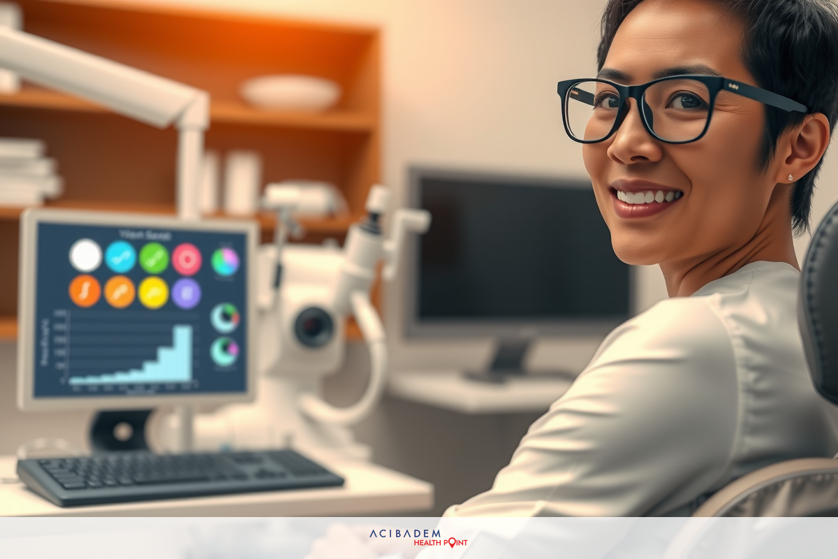 A woman seated at a workstation equipped with various medical devices and screens, suggesting she might be a healthcare professional analyzing patient data in a modern clinical setting.