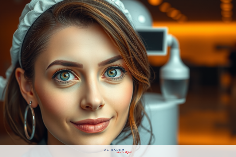 The image shows a young woman with light skin, medium-length hair, and prominent blue eyes. She has a neutral expression and is wearing a white nurse's hat and a dark top with light accents.