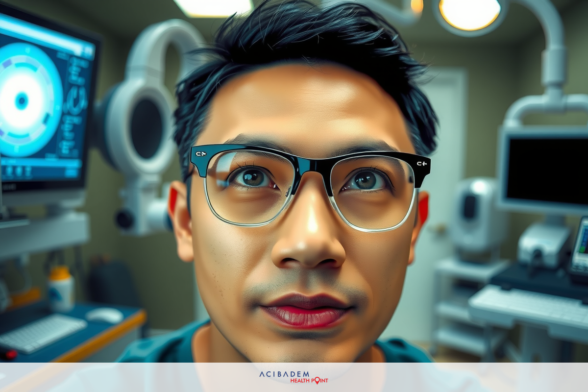 A man wearing glasses, possibly a doctor given the medical equipment around him. The image is divided into two halves with one side showing the man's face looking to his left and the other side showing a computer screen displaying medical data.