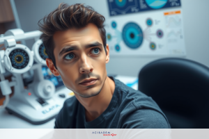 The image features a man sitting at a desk with various scientific equipment around him, suggesting a research or lab environment. The man appears to be looking intently at something off-frame, possibly studying or working on an experiment.