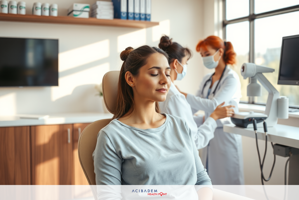 The image depicts a woman sitting in a patient's chair, presumably receiving an eye exam. There are two ophthalmologists; one stands behind the woman, holding an instrument and appearing to take a measurement while wearing a protective mask.