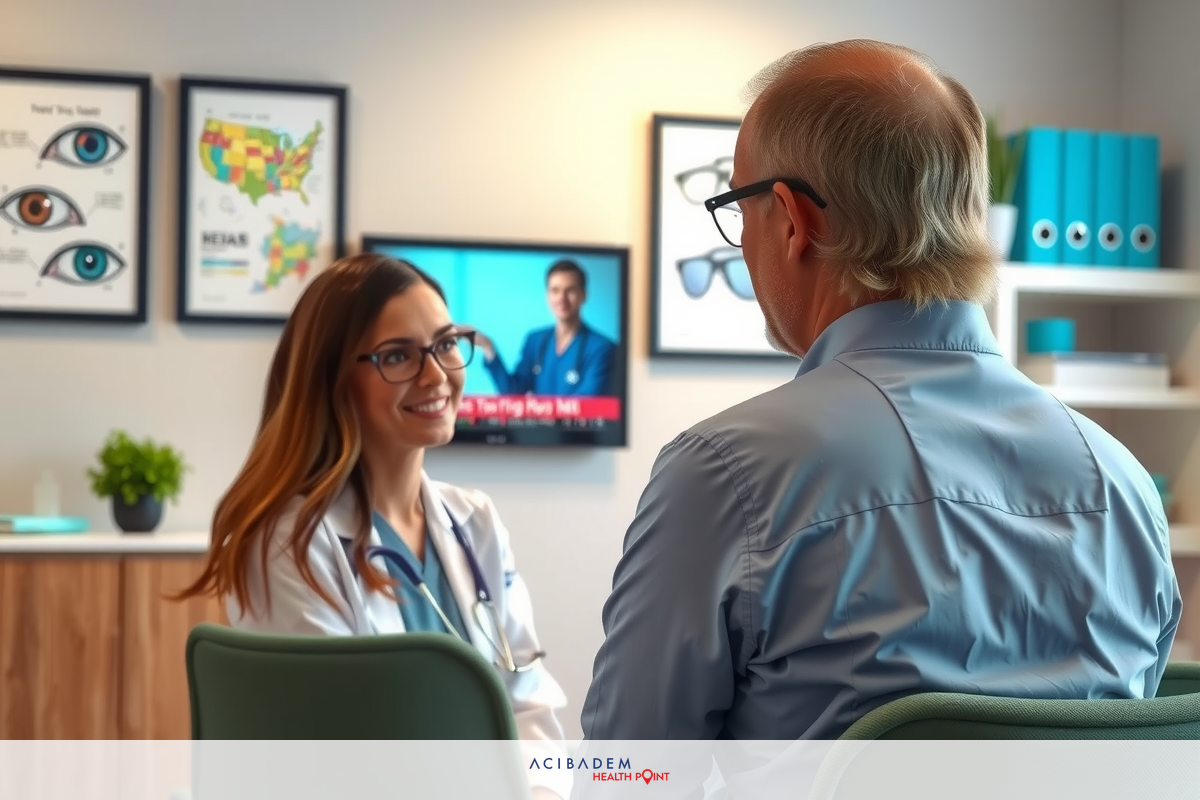 A man and a woman in professional attire are engaged in conversation at an office. The room is decorated with artwork on the walls, including an eye motif. A television screen displaying news is visible in the background. Both individuals appear to be in a comfortable sitting arrangement with the woman behind a desk and the man seated across from her.