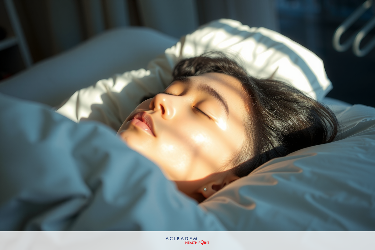 A woman in a hospital bed resting. Her eyes are closed and she appears to be sleeping or relaxed.